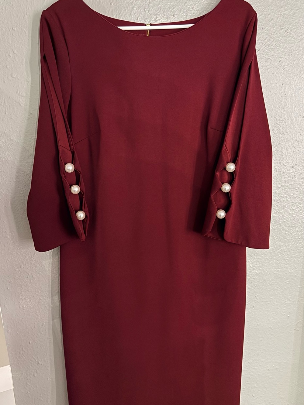 Shelby & Palmer Burgundy Sheath Dress with Pearl Sleeve Buttons